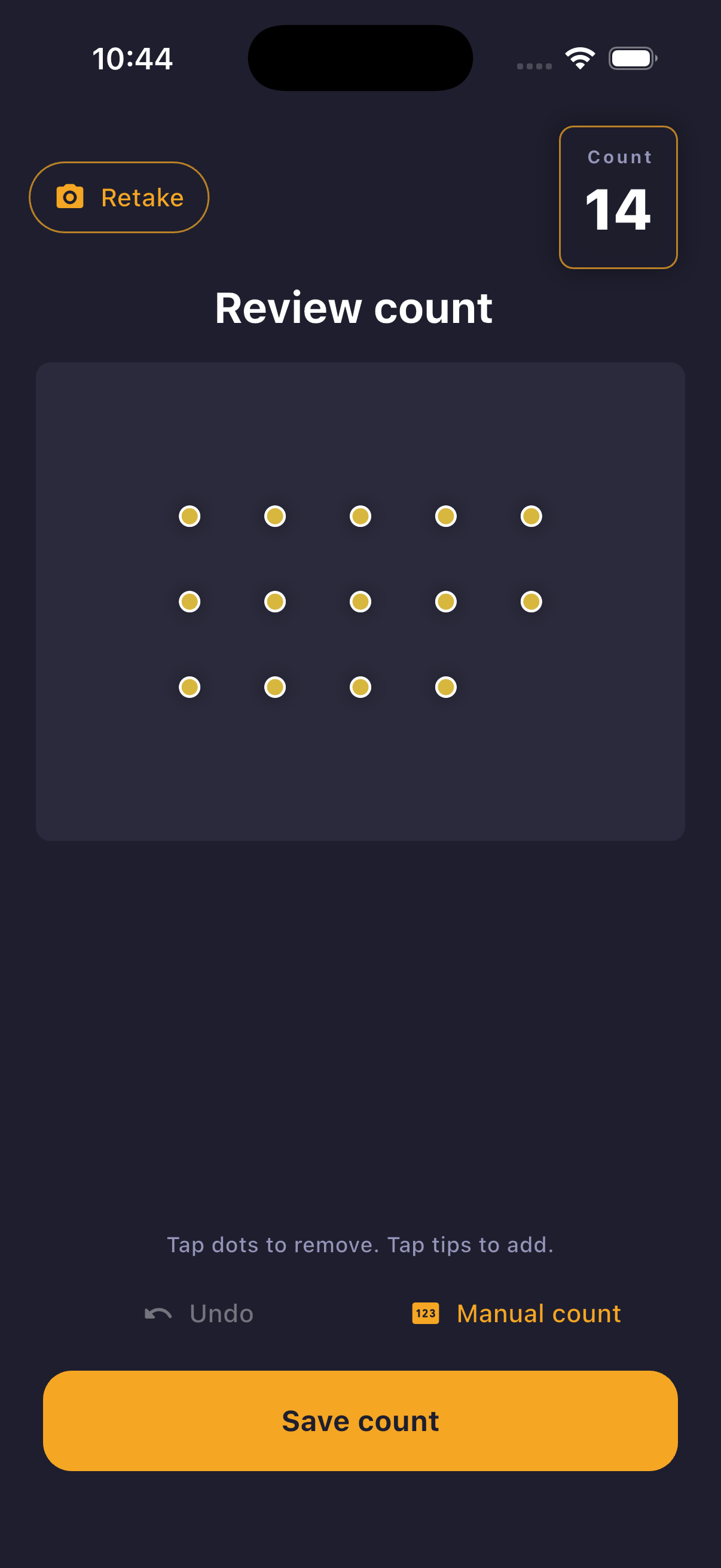 CigTrax review count screen showing a reviewed count before saving.