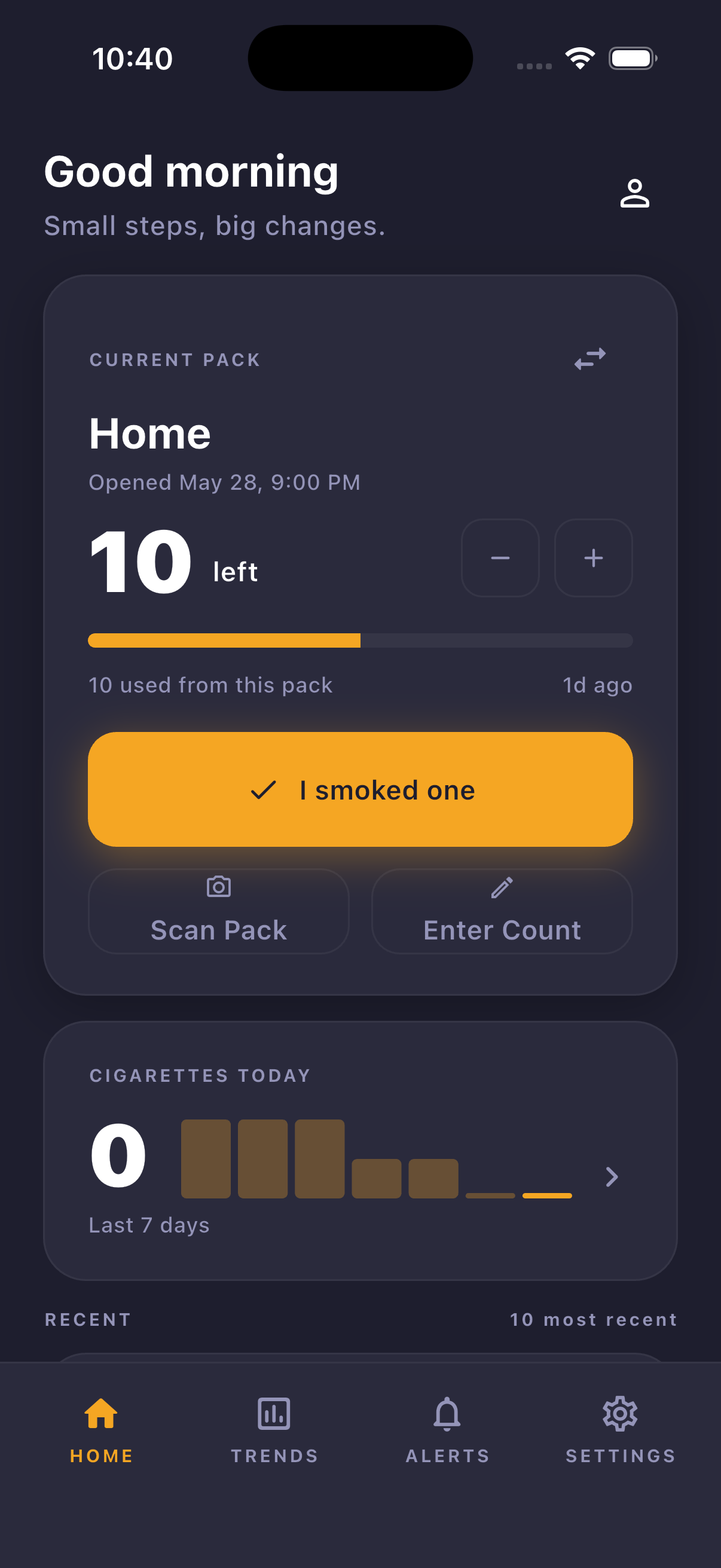 CigTrax home screen showing current pack count, scan pack, enter count, and recent tracking summary.